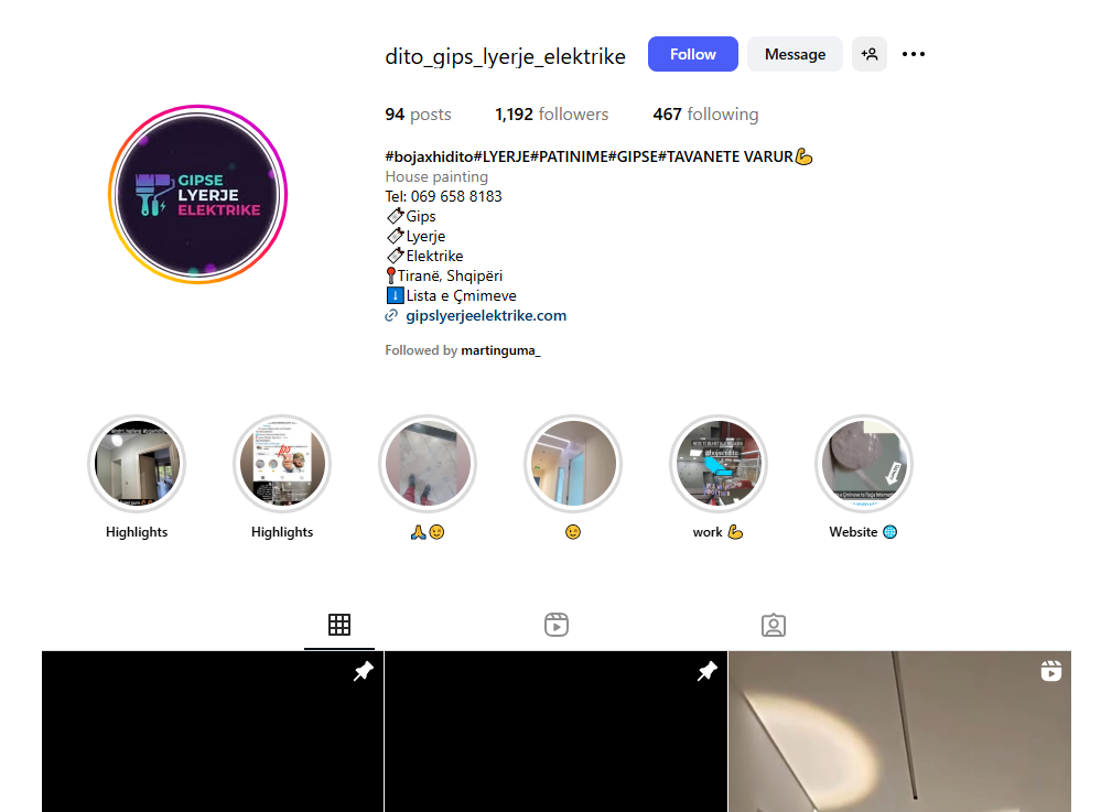 Shembull i profilit profesional në Instagram